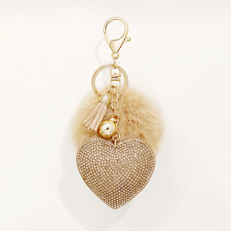 Wholesale of 50pcs Velvet Inlaid Diamond Heart Tassel Zinc Alloy Keychain